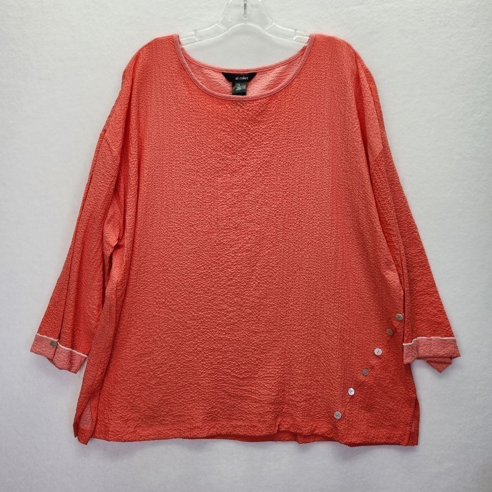 Ali Miles Top Womens 2X Plus Coral Textured Button Accent 3/4 Sleeve Casual Work